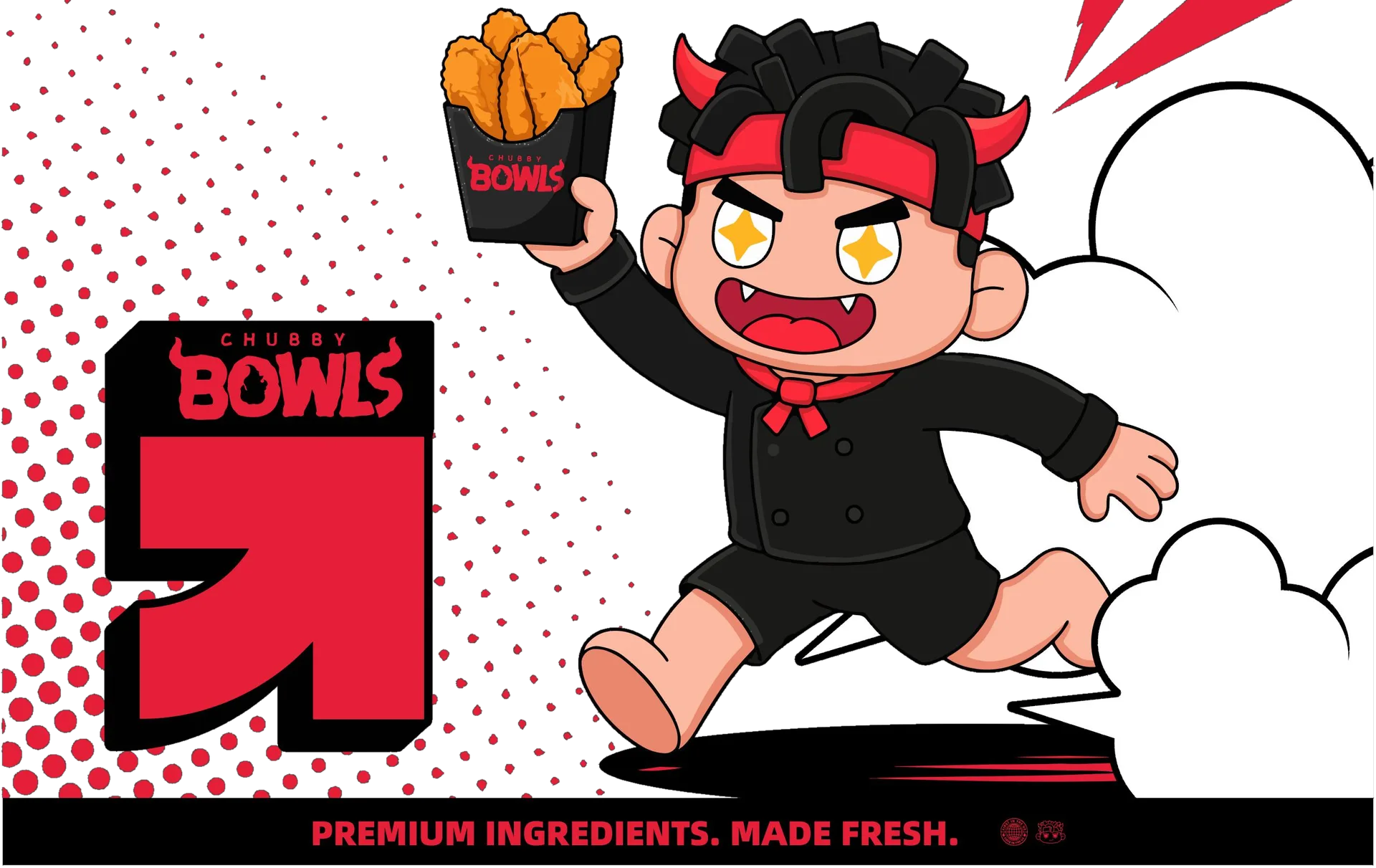 Chubby Bowls mascot running with a box of freshly cooked food. Premium ingredients. Made fresh.